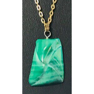 Vintage Carved Malachite Pendant Necklace Gold Tone
